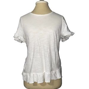 Talbots Cotton Round Neckline White Ruffled Hem Short Sleeve Petite Small NWT